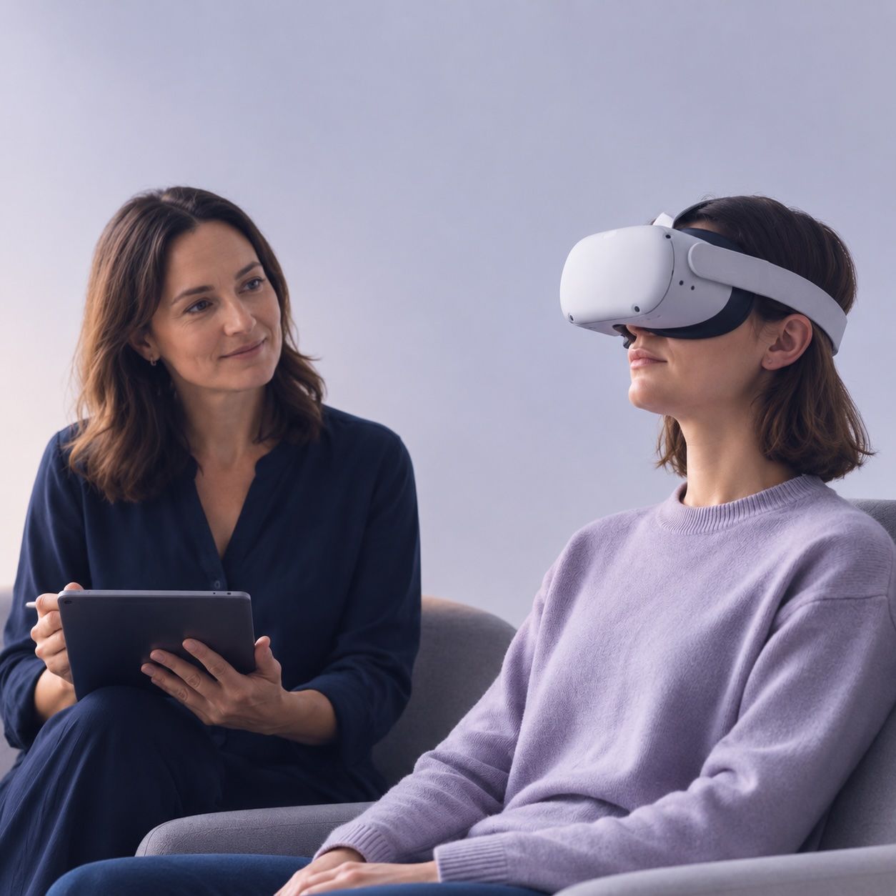 Terapeuta acompañando a una paciente con un casco de realidad virtual