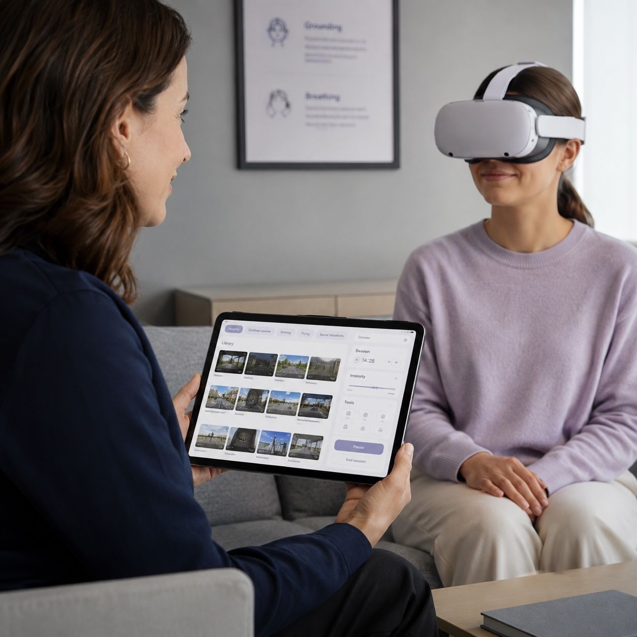 Thérapeute pilotant la séance virtuelle d’une patiente