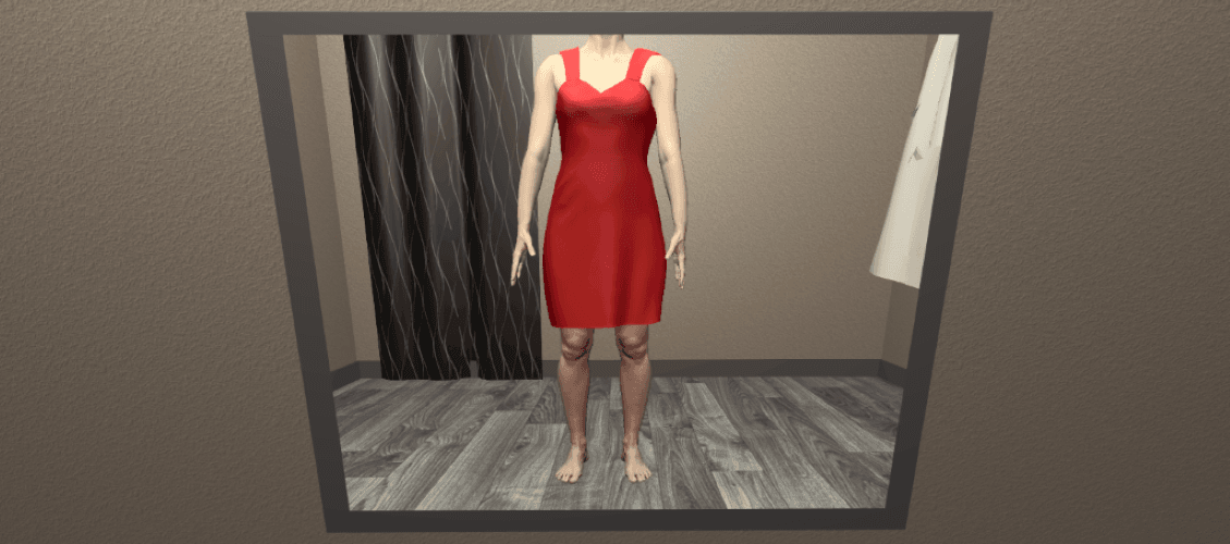 Silhouette d’une femme en robe rouge reflétée dans un miroir